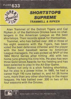 1986 Fleer #633 Shortstops Supreme (Alan Trammell / Cal Ripken, Jr.) Back