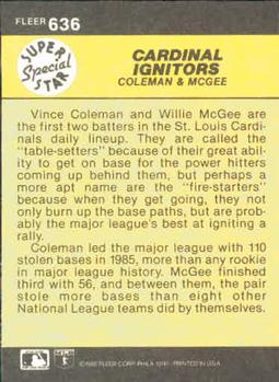1986 Fleer #636 Cardinal Ignitors (Vince Coleman / Willie McGee) Back