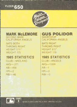 1986 Fleer #650 Gus Polidor / Mark McLemore Back