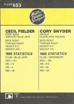 1986 Fleer #653 Cecil Fielder / Cory Snyder Back