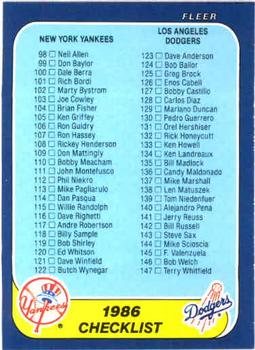 1986 Fleer #655 Checklist: Yankees / Dodgers / Angels / Reds Front