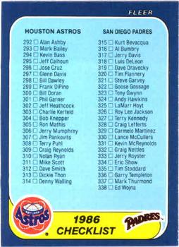 1986 Fleer #657 Checklist: Astros / Padres / Red Sox / Cubs Front