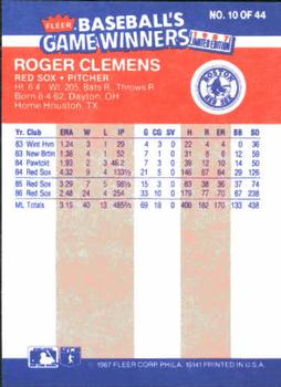1987 Fleer Baseball's Game Winners #10 Roger Clemens Back