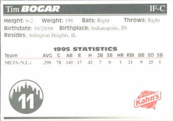 1996 Kahn's New York Mets #NNO Tim Bogar Back