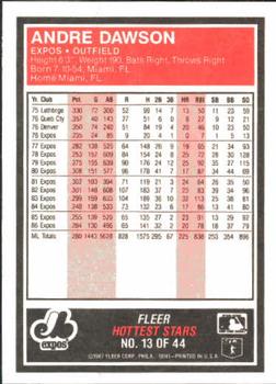 1987 Fleer Baseball's Hottest Stars #13 Andre Dawson Back