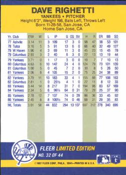 1987 Fleer Record Setters #32 Dave Righetti Back
