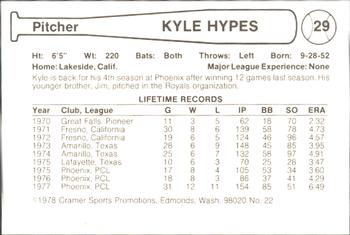 1978 Cramer Phoenix Giants #22 Kyle Hypes Back