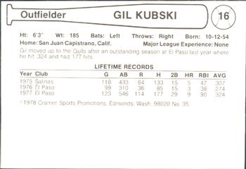 1978 Cramer Salt Lake Gulls #35 Gil Kubski Back