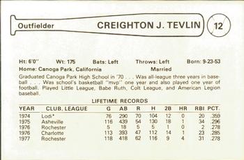 1978 Cramer Spokane Indians #NNO Creighton Tevlin Back