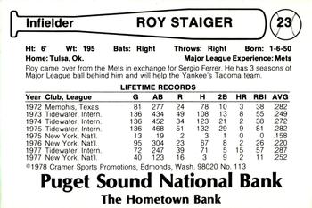 1978 Cramer Tacoma Yankees #113 Roy Staiger Back