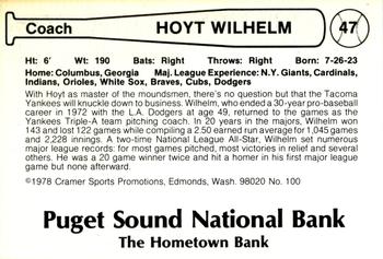 1978 Cramer Tacoma Yankees #100 Hoyt Wilhelm Back