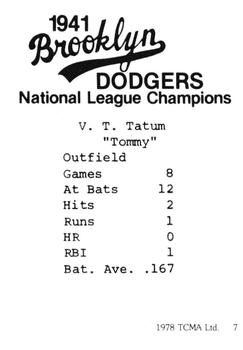 1978 TCMA 1941 Brooklyn Dodgers #7 Tommy Tatum Back