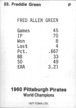 1977 TCMA Pittsburgh Pirates 1960 World Champions #22 Freddie Green Back