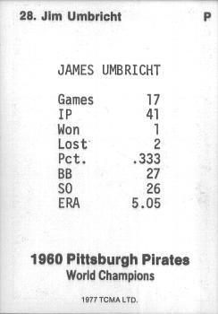 1977 TCMA Pittsburgh Pirates 1960 World Champions #28 Jim Umbricht Back
