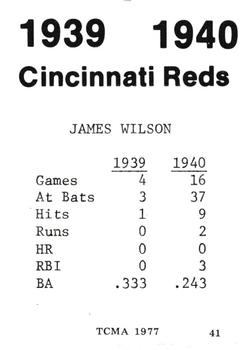 1977 TCMA 1939-40 Cincinnati Reds #41 Jimmie Wilson Back
