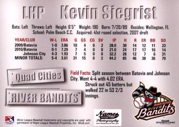 2011 Grandstand Quad Cities River Bandits #NNO Kevin Siegrist Back