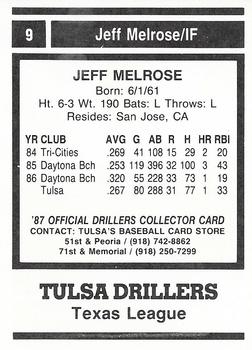 1987 Tulsa Drillers #9 Jeff Melrose Back
