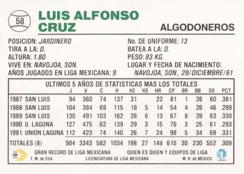 1992 Liga Mexicana de Beisbol #58 Luis Alfonso Cruz Back