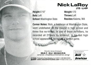 2012 Choice Mat-Su Miners #15 Nick LaRoy Back