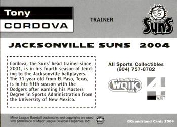 2004 Grandstand Jacksonville Suns #NNO Tony Cordova Back