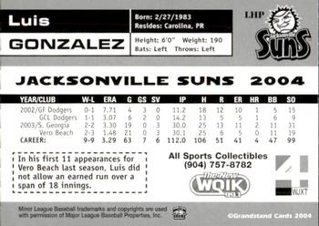 2004 Grandstand Jacksonville Suns #NNO Luis Gonzalez Back