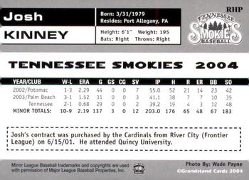 2004 Grandstand Tennessee Smokies #NNO Josh Kinney Back