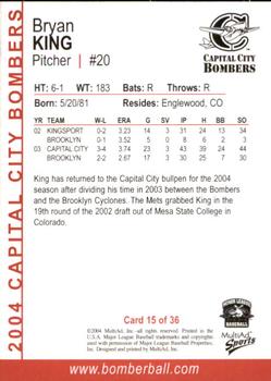 2004 MultiAd Capital City Bombers #14 Bryan King Back