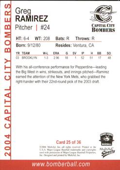 2004 MultiAd Capital City Bombers #25 Greg Ramirez Back