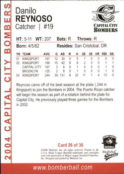 2004 MultiAd Capital City Bombers #26 Danilo Reynoso Back