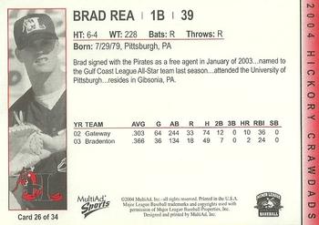 2004 MultiAd Hickory Crawdads #26 Brad Rea Back