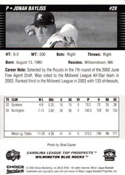 2004 Choice Carolina League Top Prospects #28 Jonah Bayliss Back