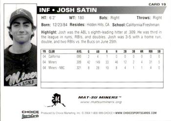 2004 Choice Mat-Su Miners #19 Josh Satin Back