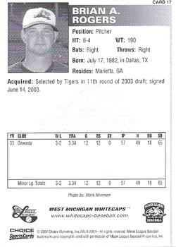 2004 Choice West Michigan Whitecaps #17 Brian Rogers Back