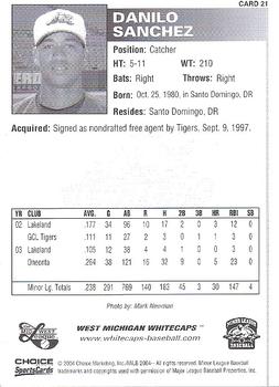 2004 Choice West Michigan Whitecaps #21 Danilo Sanchez Back