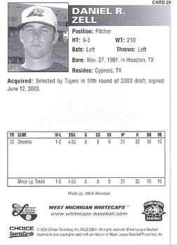2004 Choice West Michigan Whitecaps #29 Danny Zell Back