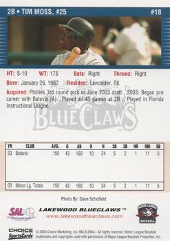 2004 Choice Lakewood BlueClaws #18 Tim Moss Back
