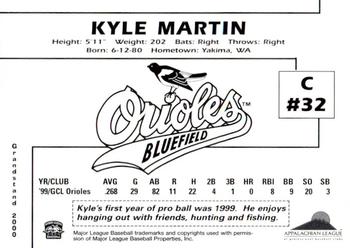 2000 Grandstand Bluefield Orioles #NNO Kyle Martin Back