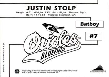 2000 Grandstand Bluefield Orioles #NNO Justin Stolp Back