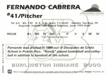 2000 Grandstand Burlington Indians #NNO Fernando Cabrera Back