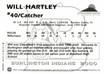 2000 Grandstand Burlington Indians #NNO Will Hartley Back