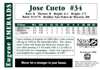 2000 Grandstand Eugene Emeralds #NNO Jose Cueto Back