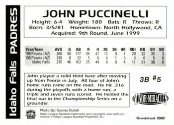2000 Grandstand Idaho Falls Padres #NNO John Puccinelli Back