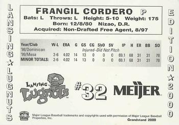 2000 Grandstand Lansing Lugnuts #NNO Frangil Cordero Back