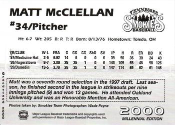 2000 Grandstand Tennessee Smokies #NNO Matt McClellan Back