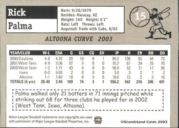 2003 Grandstand Altoona Curve #NNO Rick Palma Back