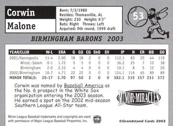 2003 Grandstand Birmingham Barons #5 Corwin Malone Back