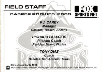 2003 Grandstand Casper Rockies #31 Field Staff (P.J. Carey / Richard Palacios / Tony Diaz) Back