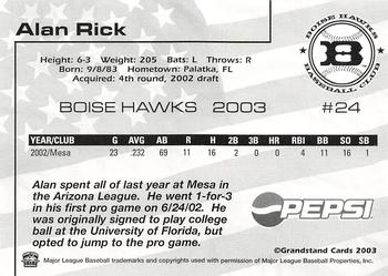 2003 Grandstand Boise Hawks #NNO Alan Rick Back