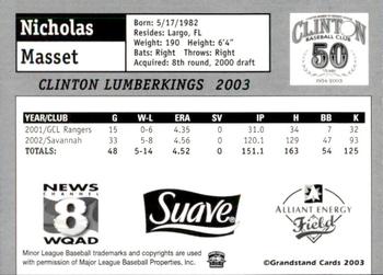 2003 Grandstand Clinton LumberKings #NNO Nicholas Masset Back