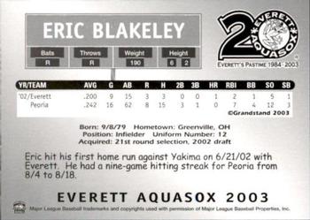 2003 Grandstand Everett AquaSox #NNO Eric Blakeley Back